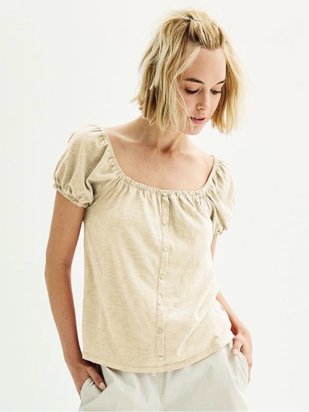 Sonoma Beige Puff-Sleeve Button Front Blouse